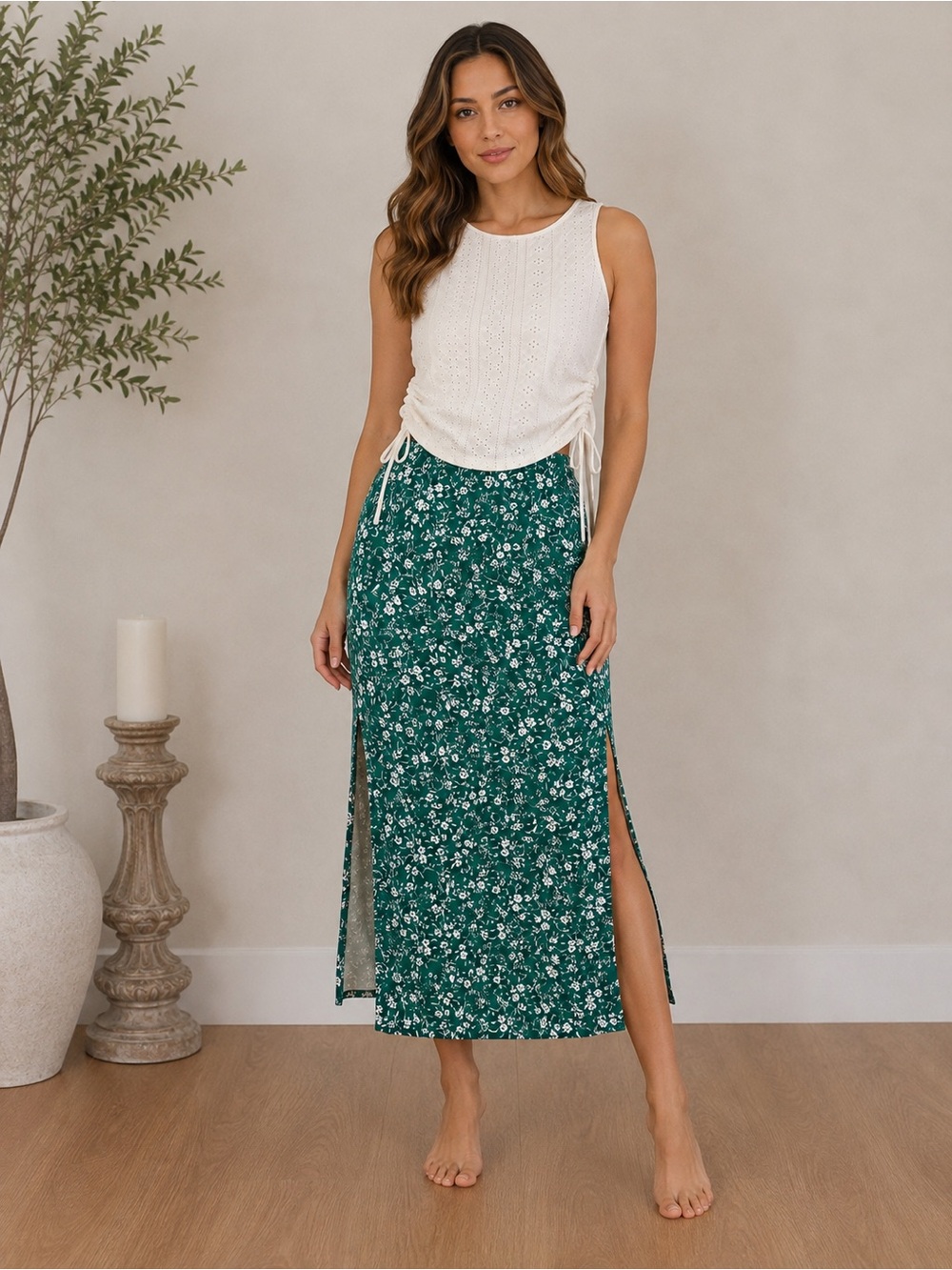 SHEIN Green Floral Split Maxi Skirt